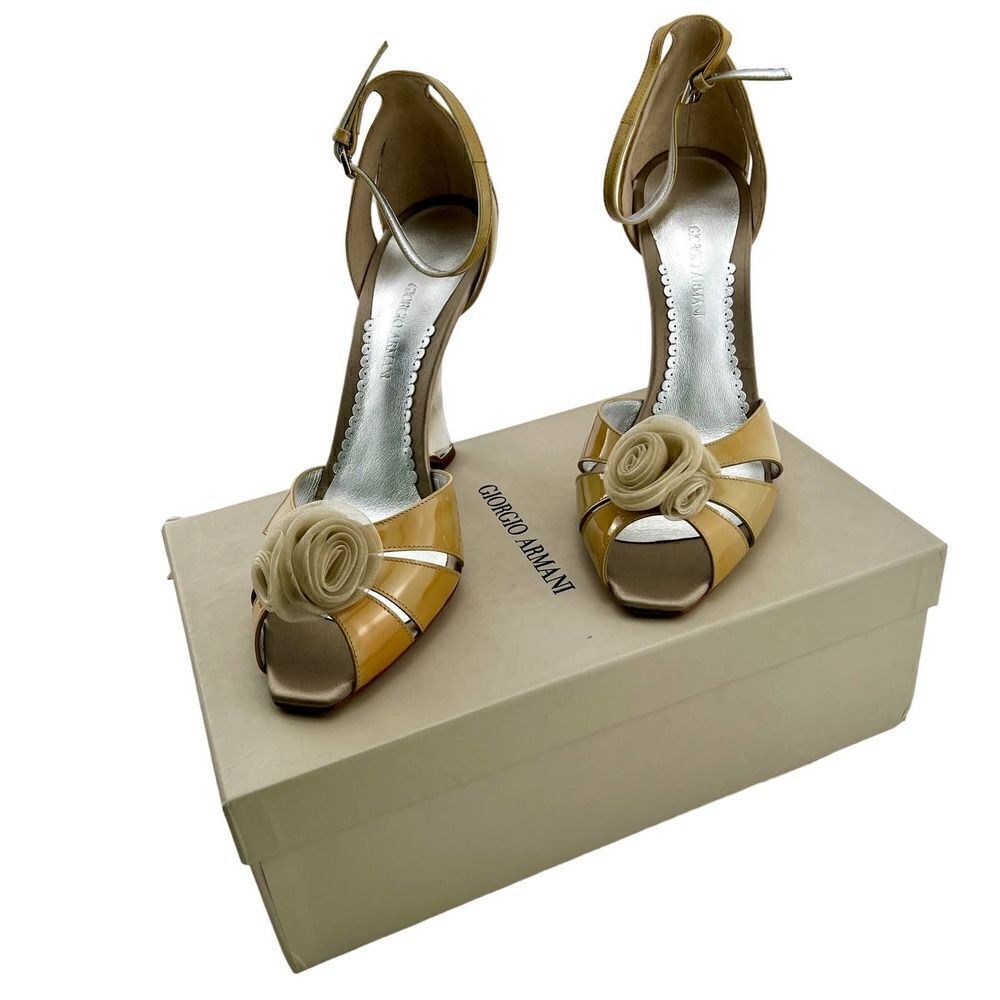 New Giorgio Armani Women US 9 Shoes Beige Patent Leather Wedge High Heel Sandals - Picture 14 of 14